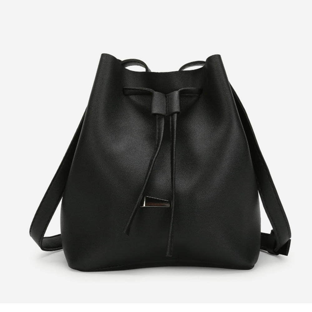 Drawstring Black Bucket Bag